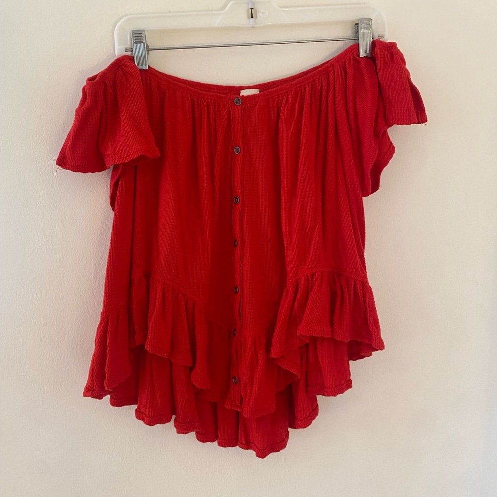 We The Free Red Mint Julep Off Shoulder Top